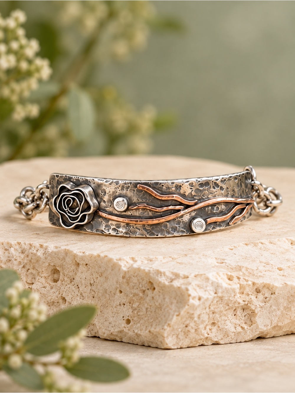 925 Sterling Silver Copper Mixed Metal Rose Flower Hammered Bar Toggle Bracelet